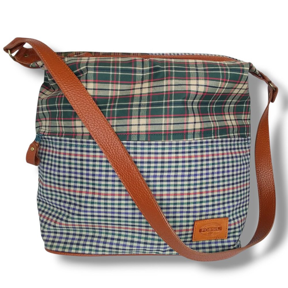 Fossil Crossbody Bag Academia English Country Green Blue Plaid Preppy Large